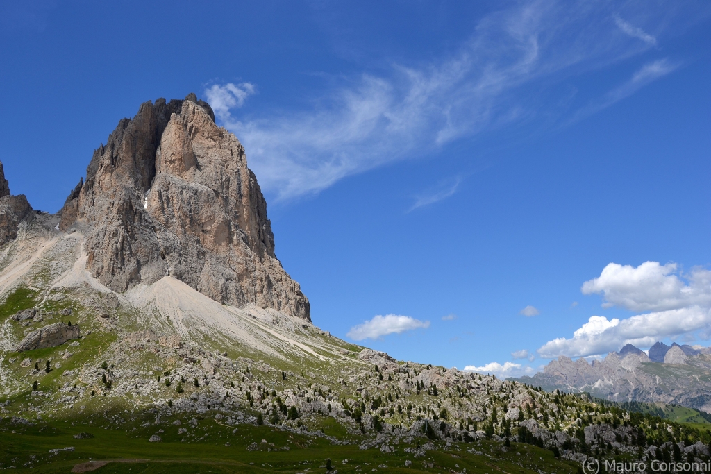 View of Sassolungo summit and of the “Città dei Sassi” (City of stone), the accumulation zone of a large prehistoric rockfall