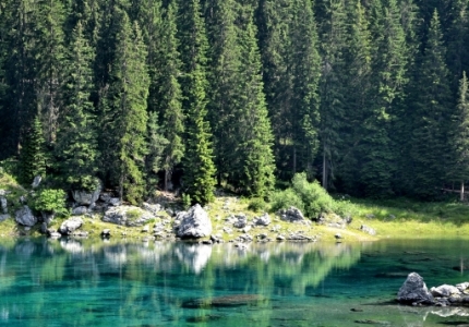 Lake of Carezza (Karersee). The lake has no visible tributaries and is fed by subterraneous springs from the Latemar mountain chain