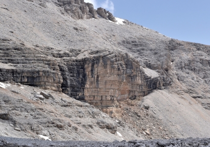 Fault bend-fold in stratified limestones near Piz Boè summit (Sella Group)